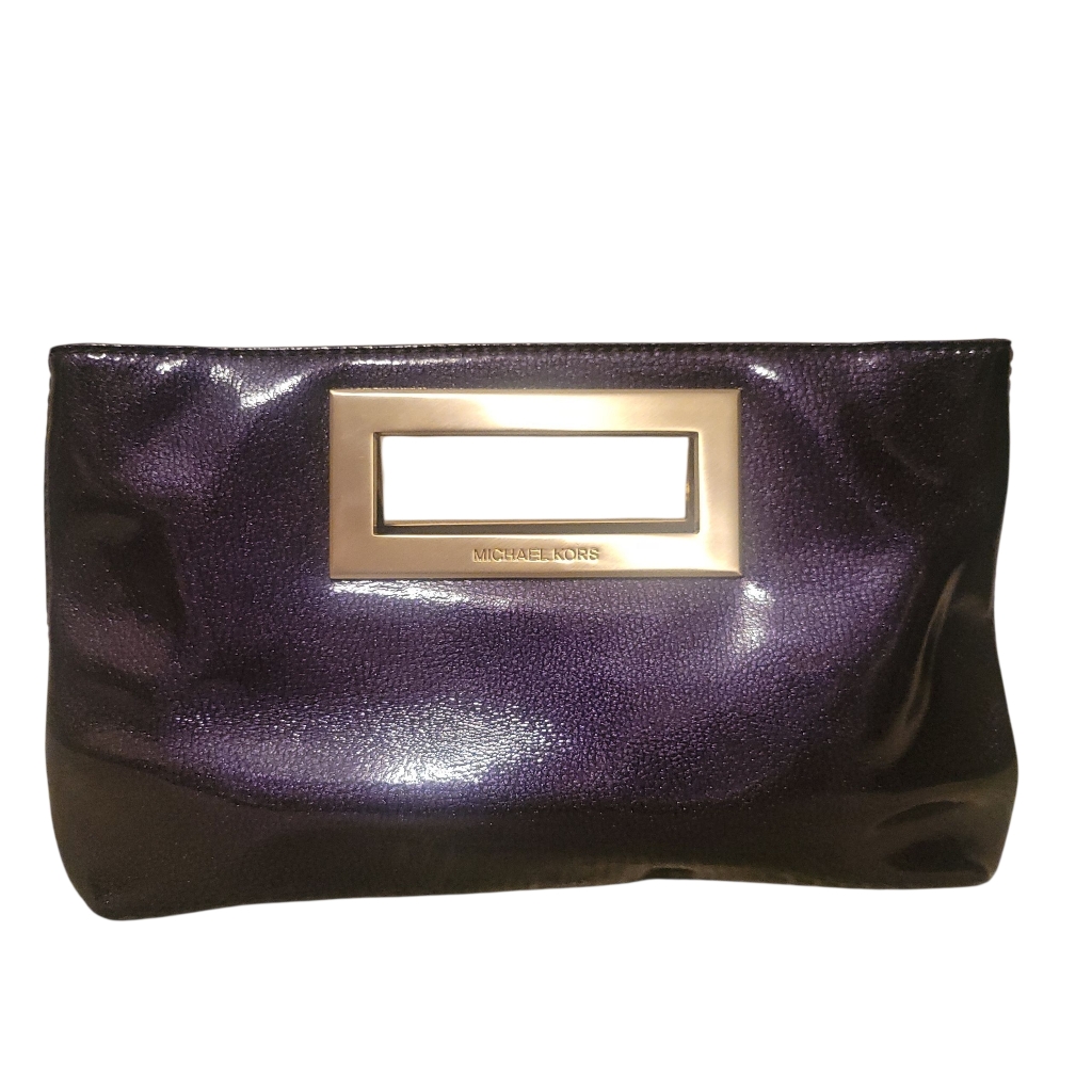 Michael Kors Berkley Patent Leather Clutch Purple Metallic Gold Frame Bag
